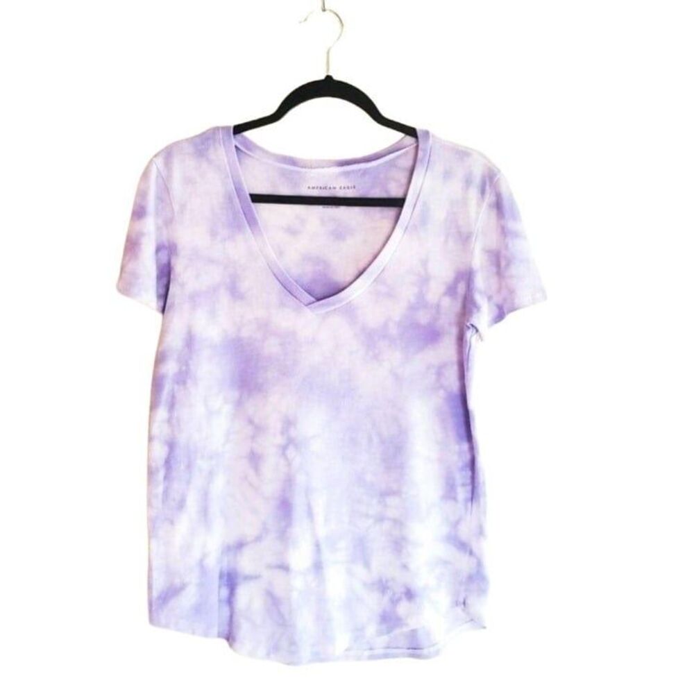 American Eagle Womens Top Purple S  V-Neck T-Shirt Short Sleeve Tie Dye New